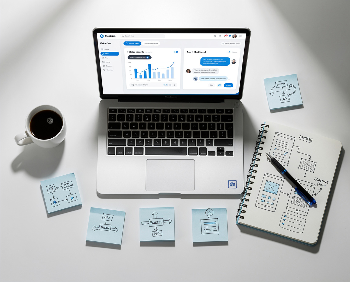 Professional workspace with AI dashboards, wireframes, and planning notes